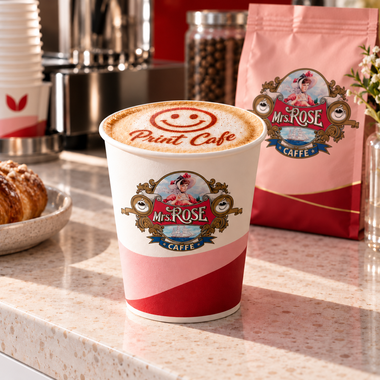 Premium Mrs Rose paper cup with Print Café logo printed on the coffee foam