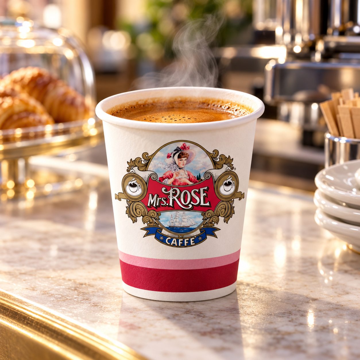 Mrs Rose espresso in a branded paper cup