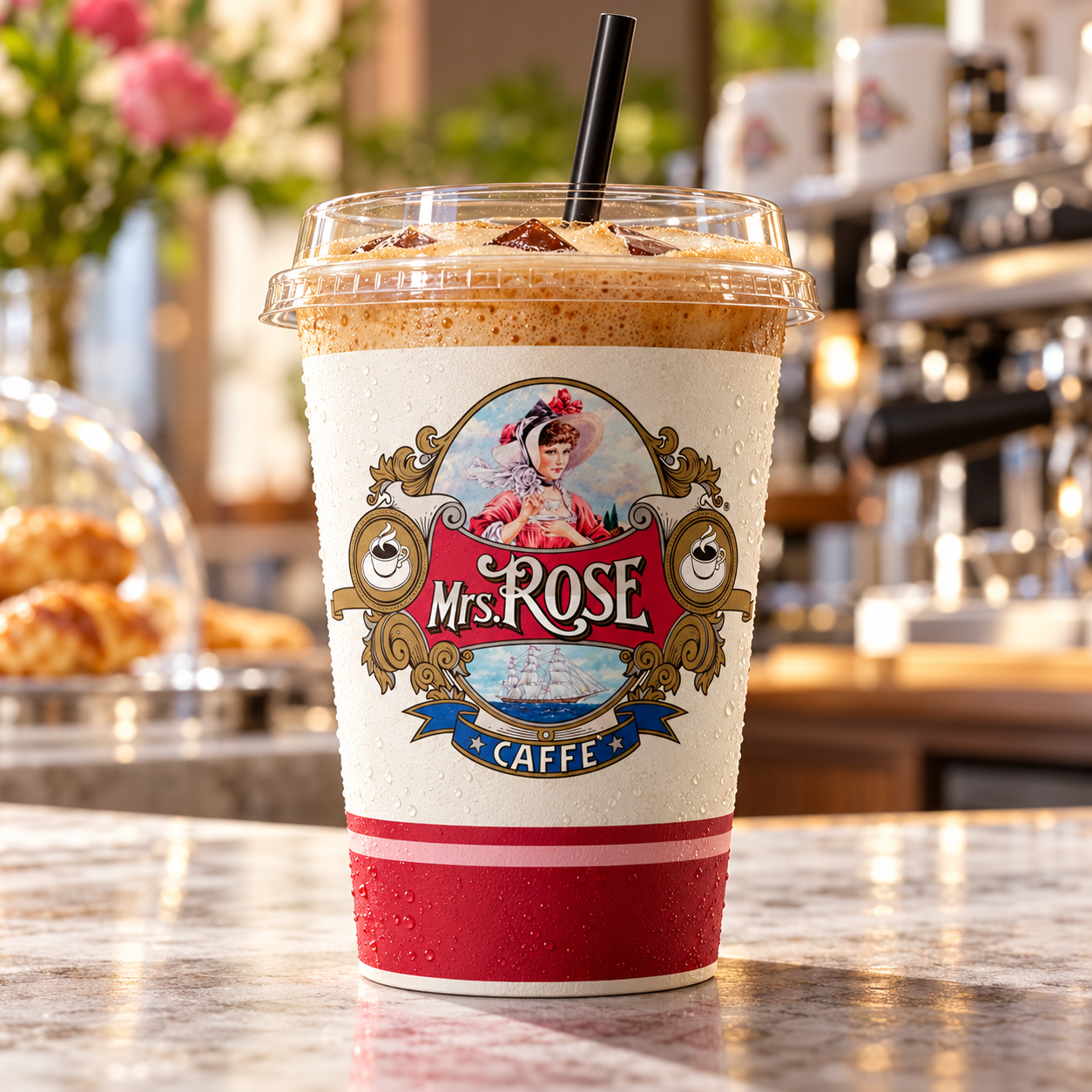 Mrs Rose freddo espresso in a branded paper cup